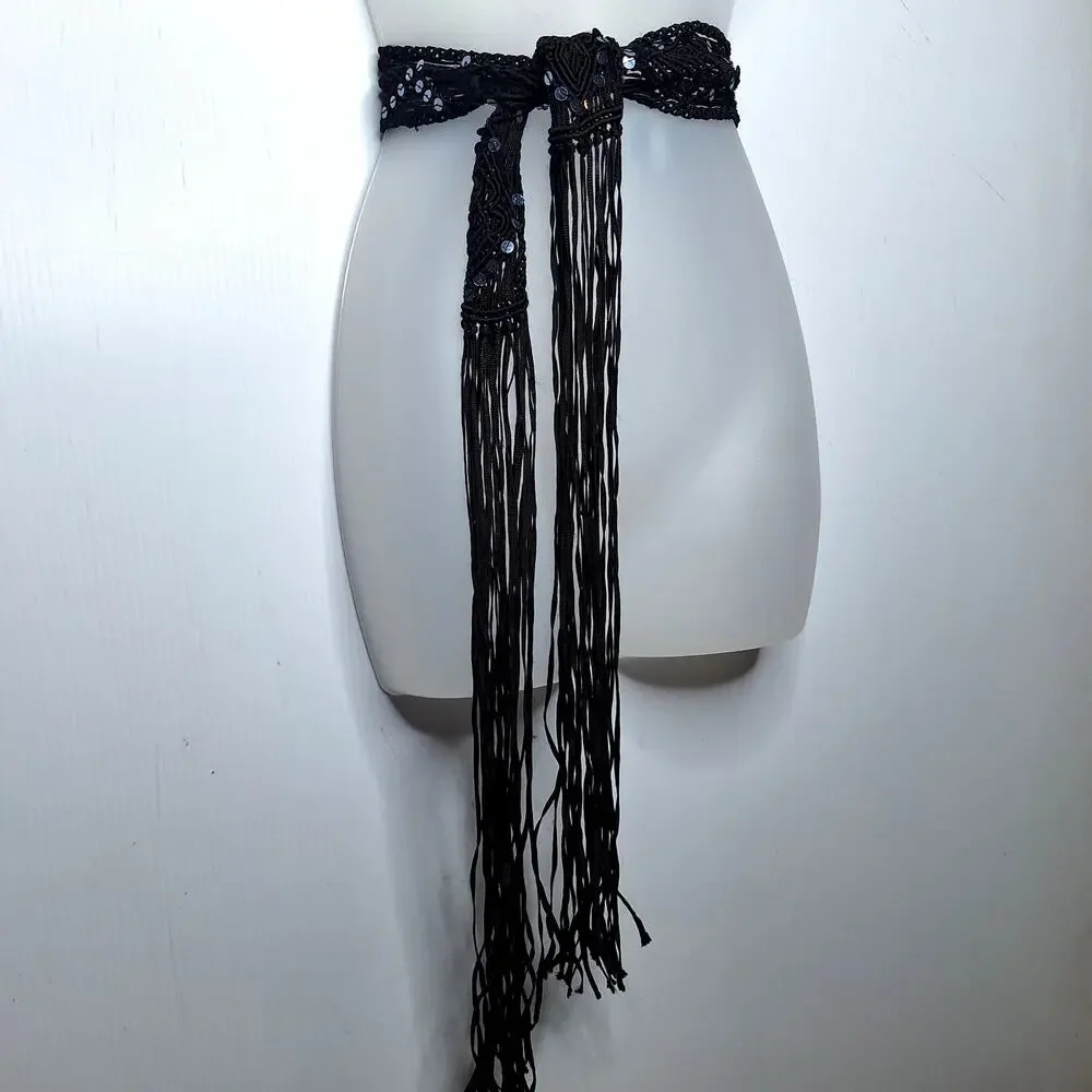 Vintage Y2K Crochet Fringe Belt Sequin Macrame Fairy Whimsygoth Boho Festival SM